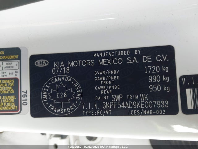 3KPF54AD9KE007933 KIA FORTE EX