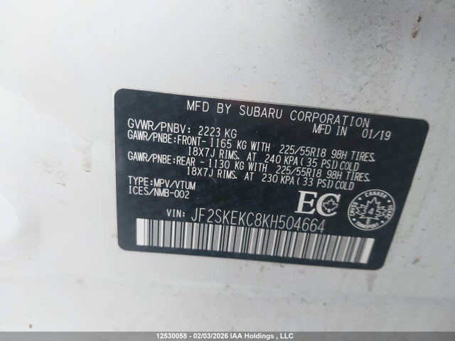 12530058 :رقم المزاد ، JF2SKEKC8KH504664 vin ، 2019 Subaru Forester 2.5i Sport مزاد بيع