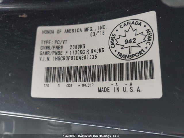 1HGCR3F91GA801035 Honda Accord
