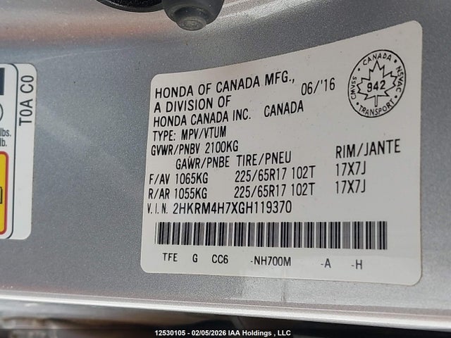 2HKRM4H7XGH119370 Honda Cr-v Ex-l