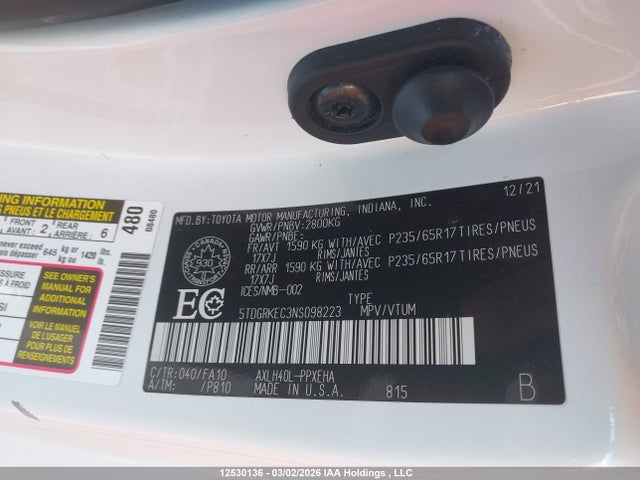 2022 Toyota Sienna მანქანა იყიდება აუქციონზე, vin: 5TDGRKEC3NS098223, აუქციონის ნომერი: 12530136