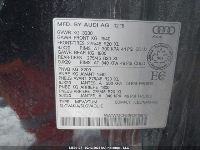12530137 :رقم المزاد ، WA1WMCFE0FD015872 vin ، 2015 Audi Q7 Tdi/prestige مزاد بيع