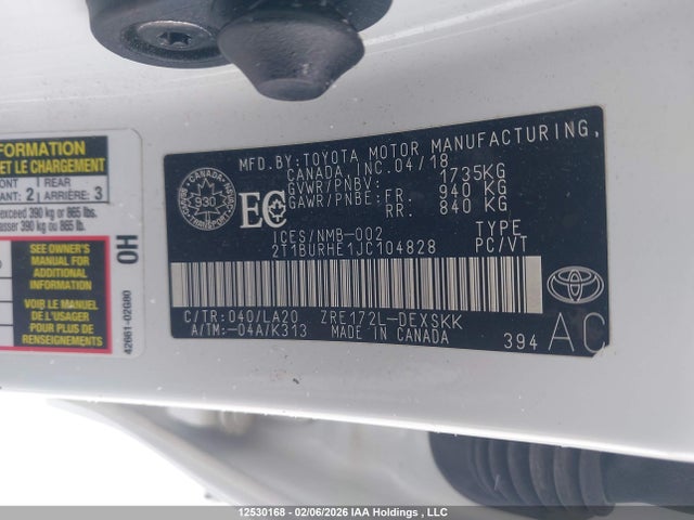 12530168 :رقم المزاد ، 2T1BURHE1JC104828 vin ، 2018 Toyota Corolla L/le/xle/se/xse مزاد بيع