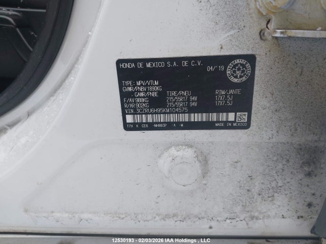 Продаж на аукціоні авто 2019 Honda Hr-v Touring, vin: 3CZRU6H95KM104575, номер лоту: 12530193