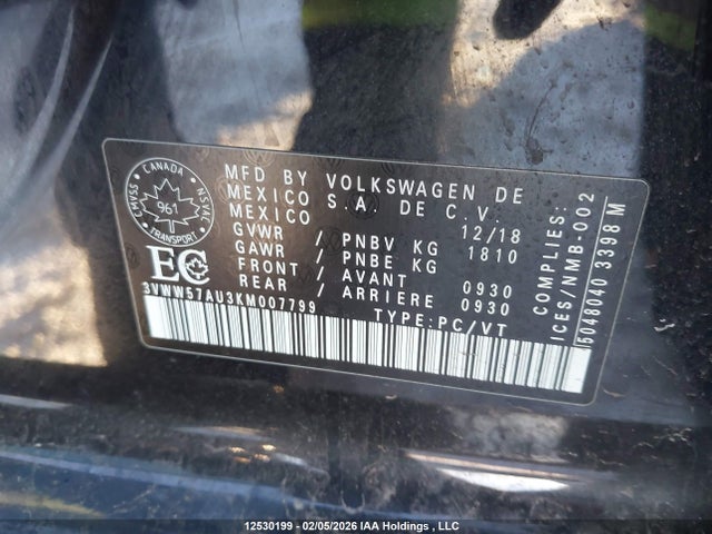 3VWW57AU3KM007799 Volkswagen GOLF S/SE