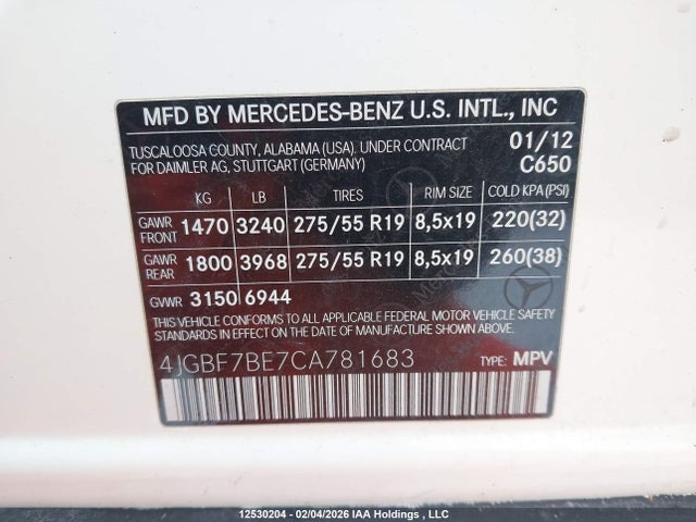 12530204 :رقم المزاد ، 4JGBF7BE7CA781683 vin ، 2012 Mercedes-benz Gl 450 4matic مزاد بيع