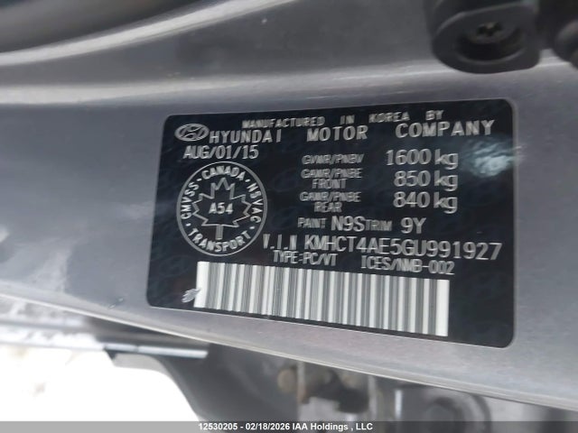 12530205 :رقم المزاد ، KMHCT4AE5GU991927 vin ، 2016 Hyundai Accent Gl مزاد بيع