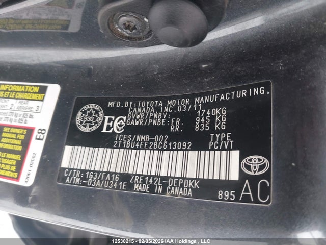 12530215 :رقم المزاد ، 2T1BU4EE2BC613092 vin ، 2011 Toyota Corolla Ce مزاد بيع