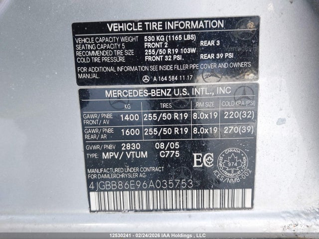 2006 Mercedes-benz Ml 350 მანქანა იყიდება აუქციონზე, vin: 4JGBB86E96A035753, აუქციონის ნომერი: 12530241