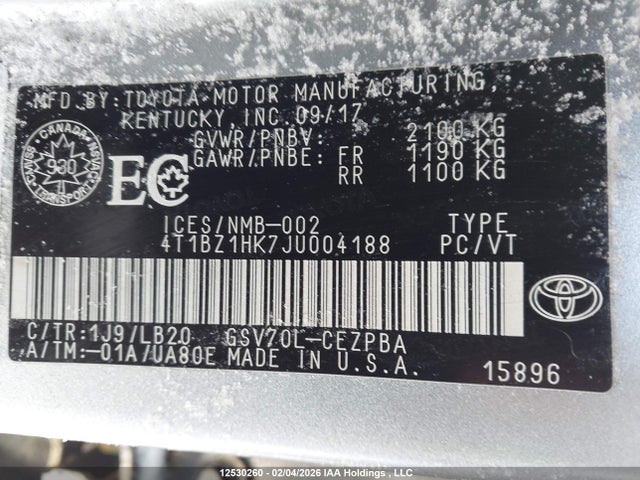 4T1BZ1HK7JU004188 Toyota Camry Xse V6