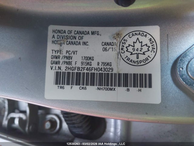 2015 Honda Civic Lx მანქანა იყიდება აუქციონზე, vin: 2HGFB2F46FH043029, აუქციონის ნომერი: 12530263