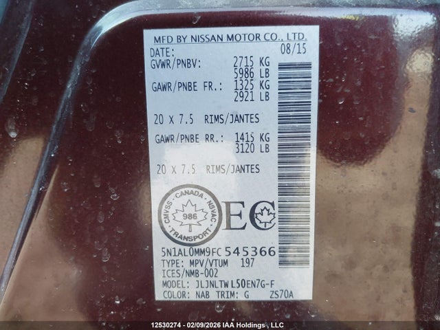 12530274 :رقم المزاد ، 5N1AL0MM9FC545366 vin ، 2015 Infiniti Qx60 مزاد بيع