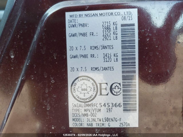 12530274 :رقم المزاد ، 5N1AL0MM9FC545366 vin ، 2015 Infiniti Qx60 مزاد بيع