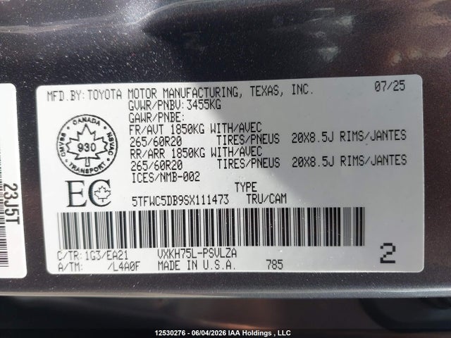 12530276 :رقم المزاد ، 5TFWC5DB9SX111473 vin ، 2025 Toyota Tundra Hybrid Limited 4x4 مزاد بيع
