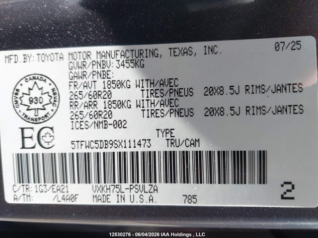 12530276 :رقم المزاد ، 5TFWC5DB9SX111473 vin ، 2025 Toyota Tundra Hybrid Limited 4x4 مزاد بيع