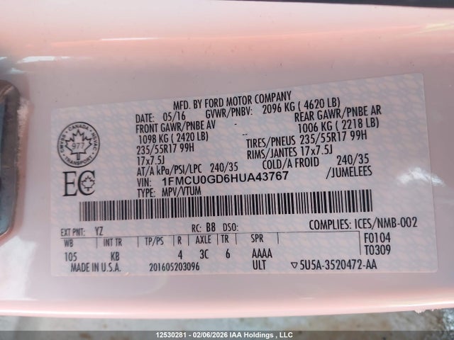 1FMCU0GD6HUA43767 Ford ESCAPE SE