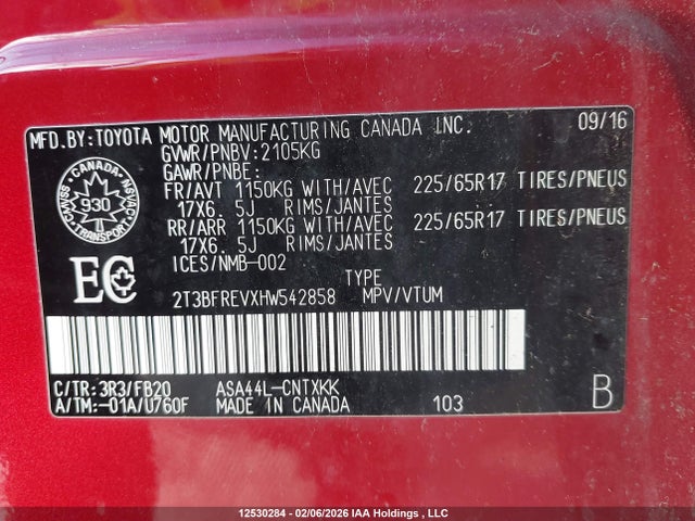 2T3BFREVXHW542858 Toyota RAV4 LE