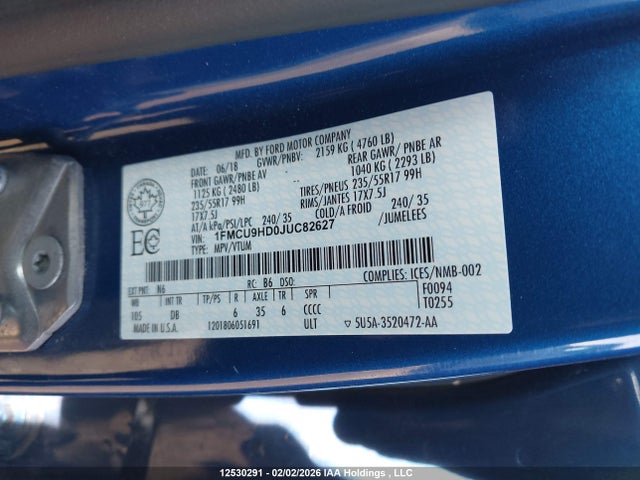 12530291 :رقم المزاد ، 1FMCU9HD0JUC82627 vin ، 2018 Ford Escape Sel مزاد بيع