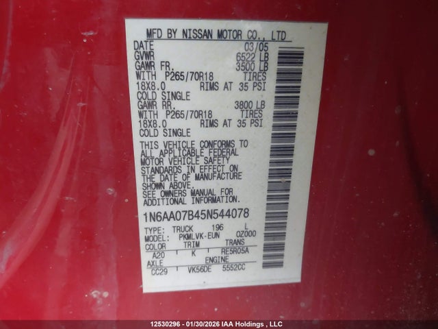 12530296 :رقم المزاد ، 1N6AA07B45N544078 vin ، 2005 Nissan Titan Le مزاد بيع