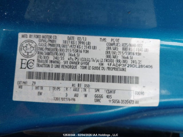 12530344 :رقم المزاد ، 1FADP3F29DL280406 vin ، 2013 Ford Focus Se مزاد بيع