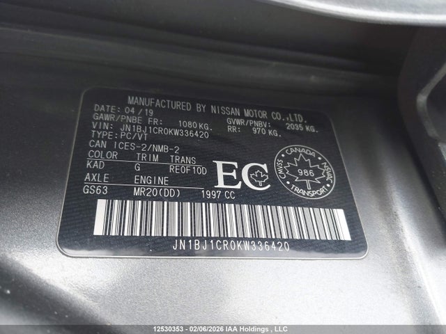 JN1BJ1CR0KW336420 Nissan Qashqai S/sl/sv