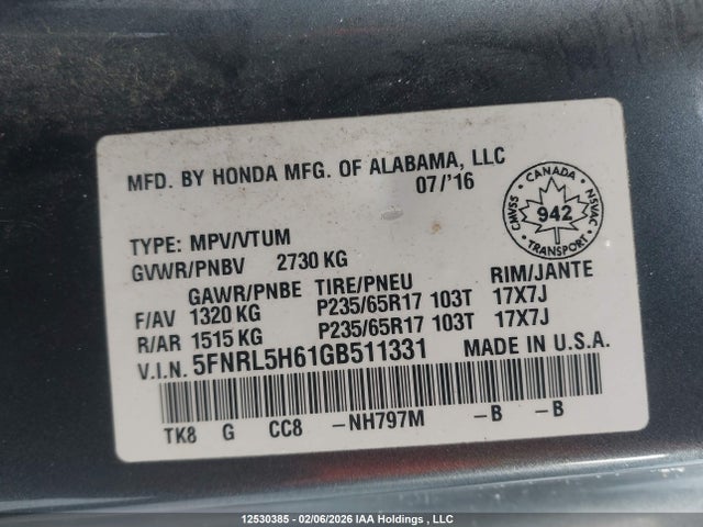 Aukcja sprzedaży 2016 Honda Odyssey Ex-l, vin: 5FNRL5H61GB511331, numer aukcji: 12530385