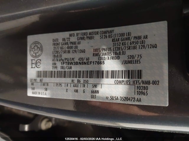 2022 Ford F-350 Lariat მანქანა იყიდება აუქციონზე, vin: 1FT8W3BN8NEF17665, აუქციონის ნომერი: 12530416