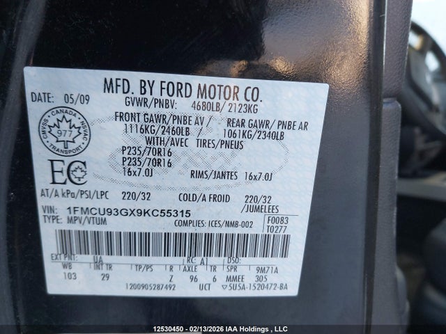 12530450 :رقم المزاد ، 1FMCU93GX9KC55315 vin ، 2009 Ford Escape Xlt مزاد بيع