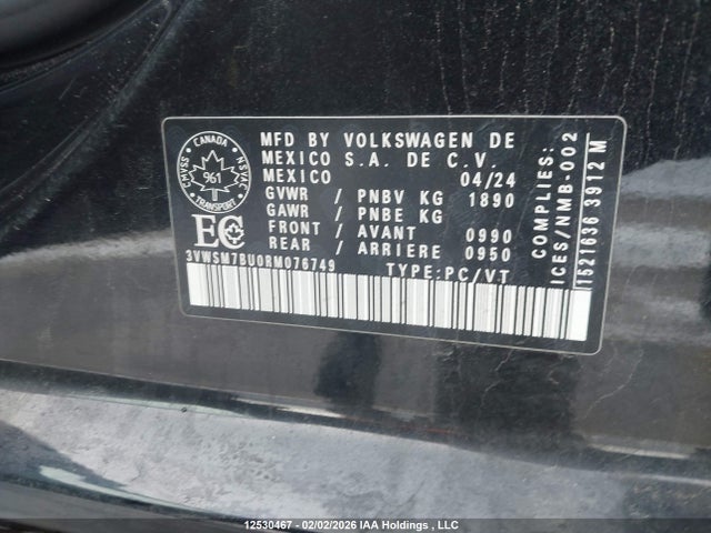 Aukcja sprzedaży 2024 Volkswagen Jetta Comfortline, vin: 3VWSM7BU0RM076749, numer aukcji: 12530467