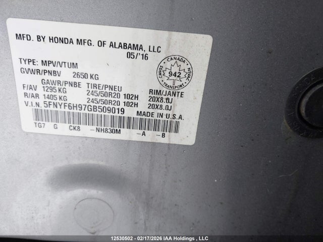 5FNYF6H97GB509019 Honda Pilot Touring