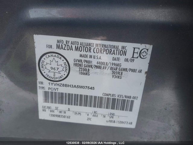 12530538 :رقم المزاد ، 1YVHZ8BH3A5M07545 vin ، 2010 Mazda Mazda6 مزاد بيع