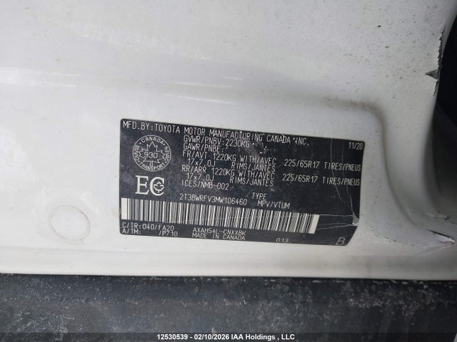 2021 Toyota Rav4 Le მანქანა იყიდება აუქციონზე, vin: 2T3BWRFV3MW106460, აუქციონის ნომერი: 12530539