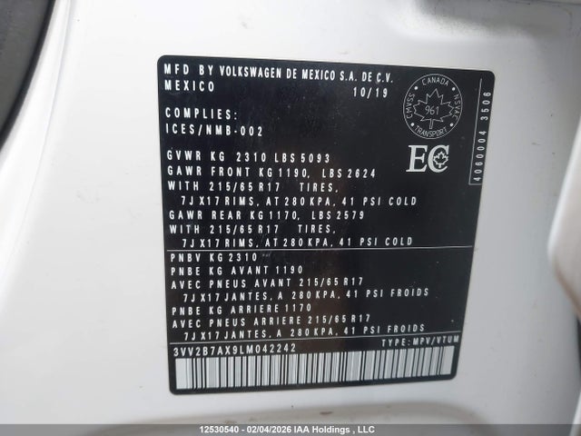 3VV2B7AX9LM042242 Volkswagen Tiguan Comfortline/iq Drive