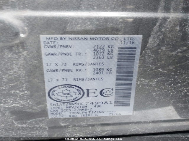 5N1AT2MV9HC749981 Nissan Rogue Sv/sl