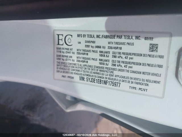 Aukcja sprzedaży 2022 Tesla Model 3 Long Range, vin: 5YJ3E1EB1NF175977, numer aukcji: 12530657