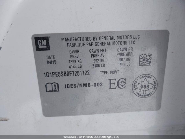 1G1PE5SB0F7251122 Chevrolet Cruze 2lt