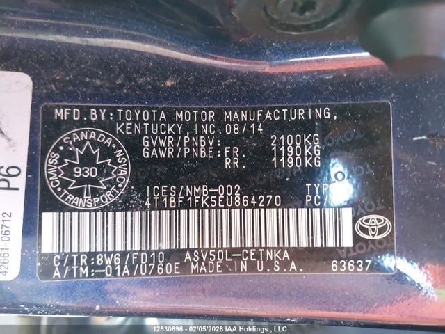 12530696 :رقم المزاد ، 4T1BF1FK5EU864270 vin ، 2014 Toyota Camry مزاد بيع