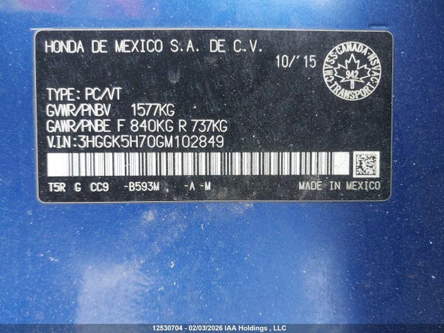 3HGGK5H70GM102849 Honda Fit