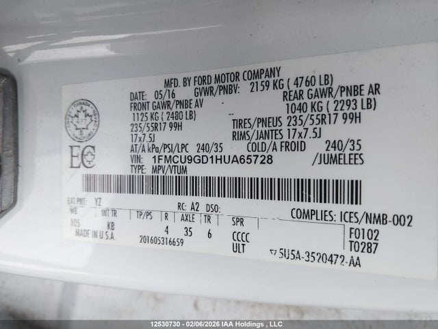 1FMCU9GD1HUA65728 Ford ESCAPE SE