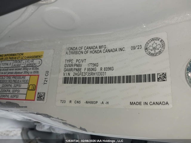 12530734 :رقم المزاد ، 2HGFE2F35RH103031 vin ، 2024 Honda Civic Ex 4dr مزاد بيع