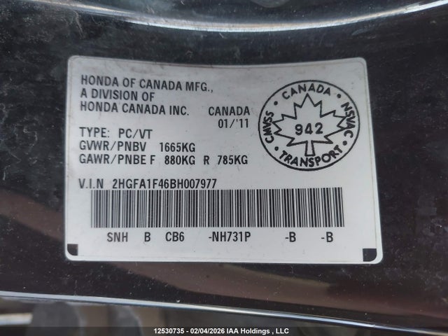 Продаж на аукціоні авто 2011 Honda Civic, vin: 2HGFA1F46BH007977, номер лоту: 12530735