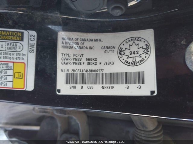 Продаж на аукціоні авто 2011 Honda Civic, vin: 2HGFA1F46BH007977, номер лоту: 12530735