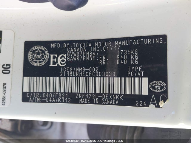 2T1BURHE0HC903039 Toyota COROLLA LE