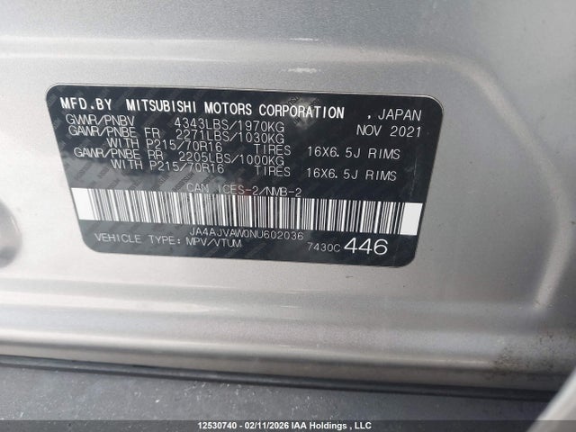 JA4AJVAW0NU602036 Mitsubishi Rvr Gt/le/se/sel