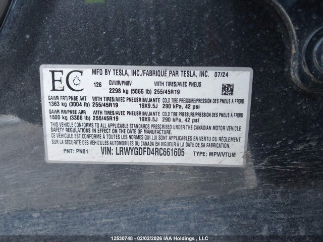 Продажа на аукционе авто 2024 Tesla Model Y, vin: LRWYGDFD4RC661605, номер лота: 12530748