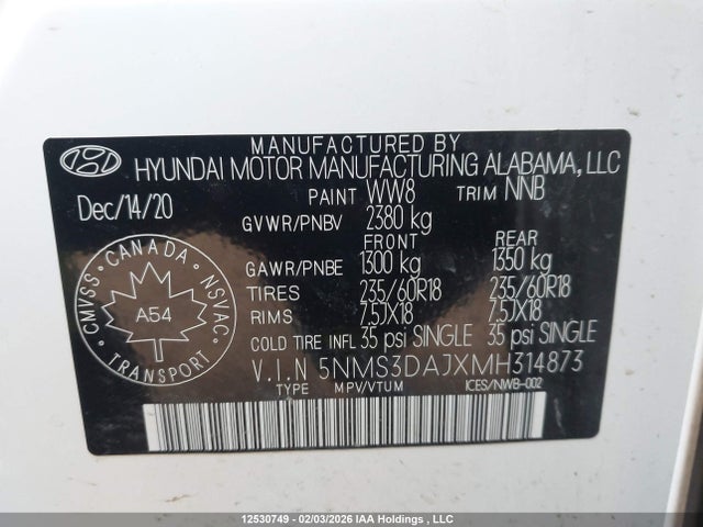 5NMS3DAJXMH314873 Hyundai Santa Fe Preferred Awd