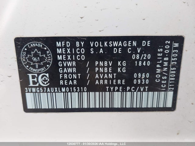 3VWG57AUXLM015310 Volkswagen Golf Comfortline/highline