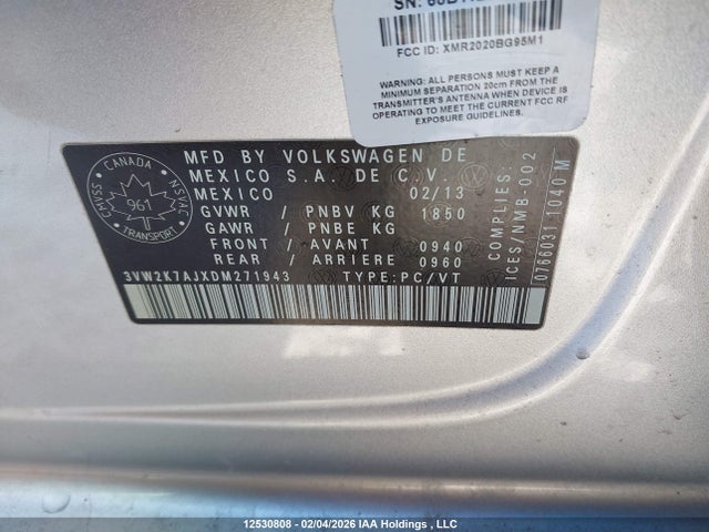 12530808 :رقم المزاد ، 3VW2K7AJXDM271943 vin ، 2013 Volkswagen Jetta S مزاد بيع