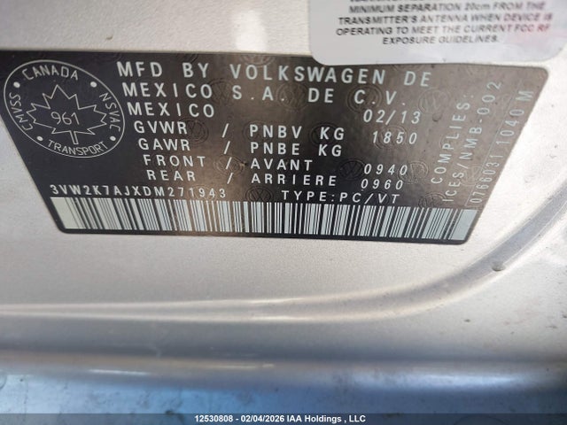 12530808 :رقم المزاد ، 3VW2K7AJXDM271943 vin ، 2013 Volkswagen Jetta S مزاد بيع