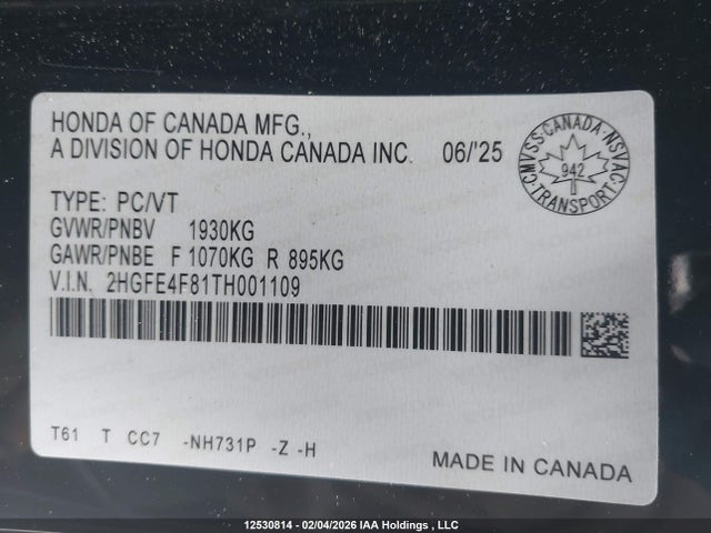 Продаж на аукціоні авто 2026 Honda Civic Sport Hybrid/sport Touring Hybrid, vin: 2HGFE4F81TH001109, номер лоту: 12530814